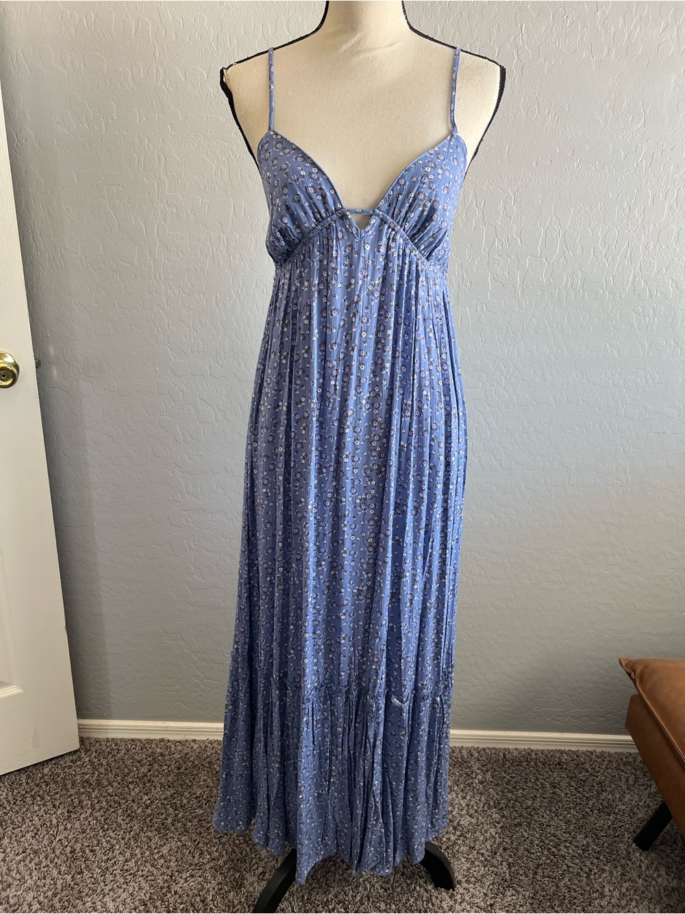 No Boundaries Light Blue Floral Maxi Dress with Spaghetti Straps